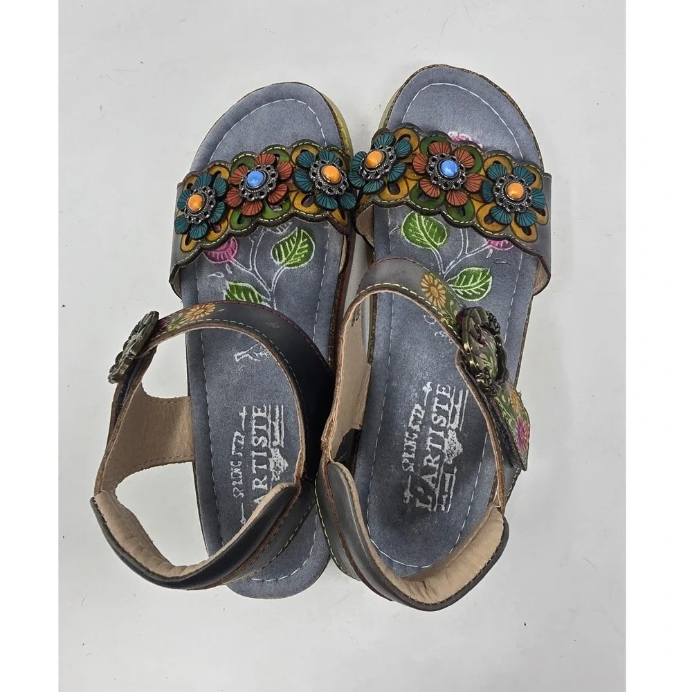 L'artiste By Spring Step women 38 Onyx-Grym wedge sandal leather floral NO BOX